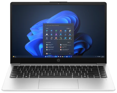 HP 240R G10 vu de face, écran ouvert affichant Windows 11
